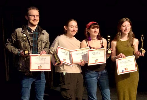 Jacob Stovius, Arden Slywka, Jamie Arnal, and Megan Alexander receive awards at their regional drama festival for the Alberta High School Drama Association’s Zone 3.