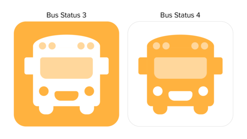 A picture of two Bus Status Icons with the the text Bus Status 3 on the lefthand side above a white bus on a yellow background and the righthand side has the text Bus Status 4 above a yellow bus on a white background.