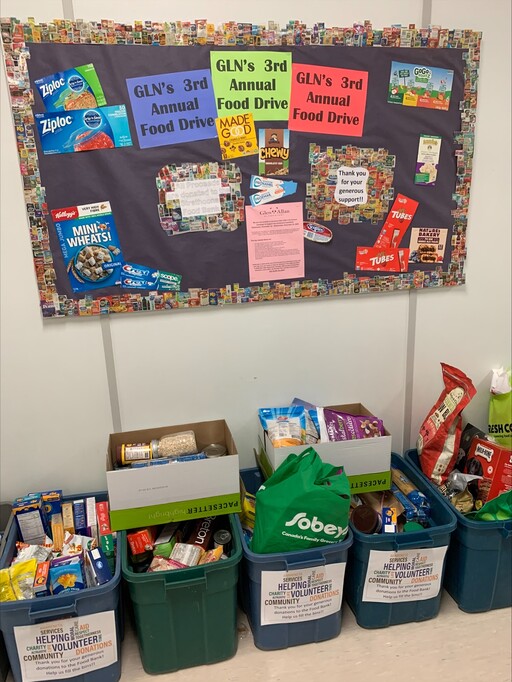 Collection bins line the halls of Glen Allan Elementary after their third annual food drive for the Strathcona Food Bank.