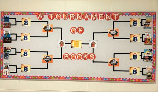 Glen Allan Elementary’s bulletin board displays their 2023 March Book Madness tournament bracket.