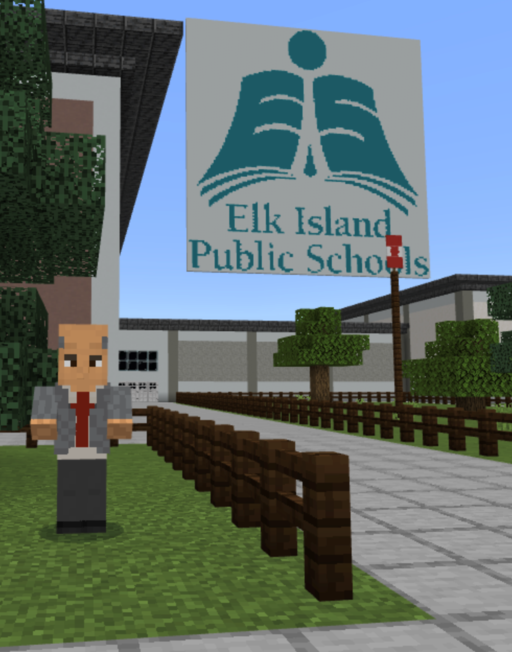 In the game-based learning platform Minecraft, an avatar of EIPS Superintendent Mark Liguori stands beside a virtual replica of Sherwood Heights Junior High.
