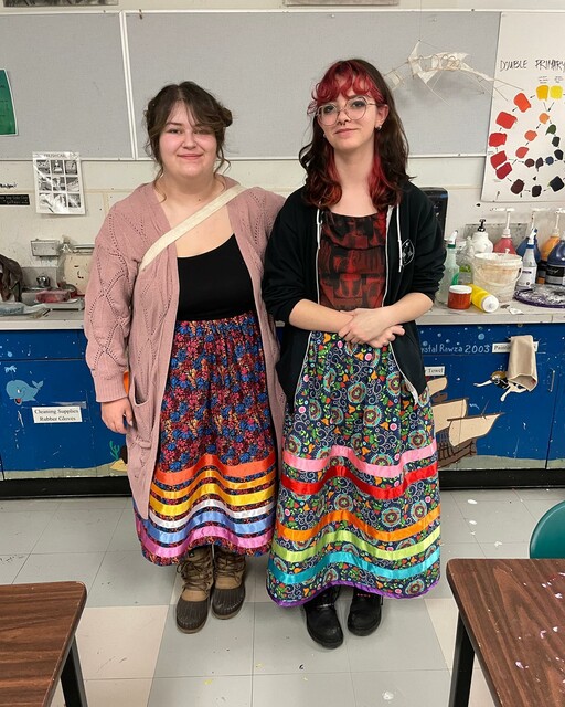 Two students wear their ribbon skirts proudly after the EIPS Ribbon Skirt and Shirt Workshop held at Fort Saskatchewan High on January 30 and 31.