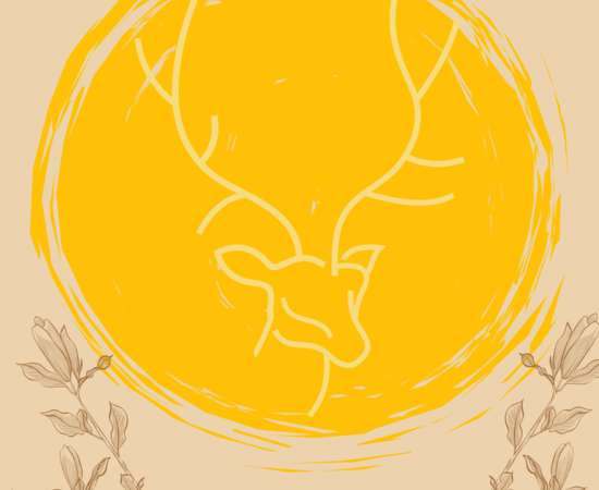 A beige background with a yellow sun circle graphic and a minimalist deer graphic on top of the sun. Below the sun is minimalist brown plant graphics.