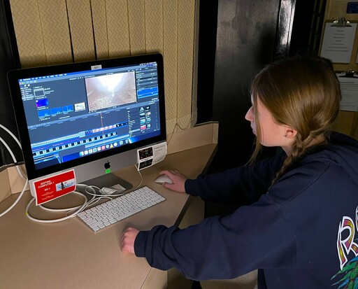 Mya Stirling, a Grade 9 student in the Film Production program at F.R. Haythorne Junior High, works on her entry for the school’s Hawk Film Festival.
