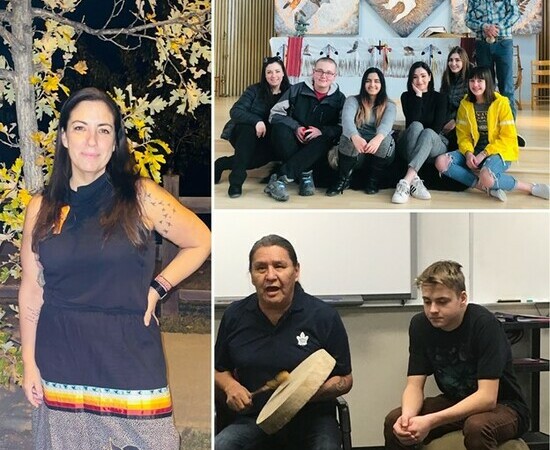 Collage or woman standing in front of indoor tree; group of high school students sitting in front of Indigenous art; and Indigenous man drumming sitting beside high school boy