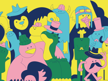 A drawing of colourful cartoon animals, green, blue and pink, each wearing a different kind of hat. All against a yellow background