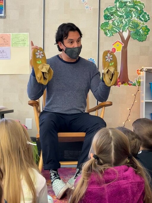 Students at Glen Allan Elementary learn about the history and importance of moccasins with First Nations, Métis and Inuit Education team member, Jeremy Albert