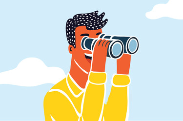 A person wearing a yellow button-up shirt holds binoculars to their eyes against the backdrop of a pale blue sky with two white clouds.
